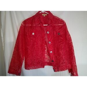 Choices Petite Red Floral Sheer Button Down‎ Jacket Lightweight PS